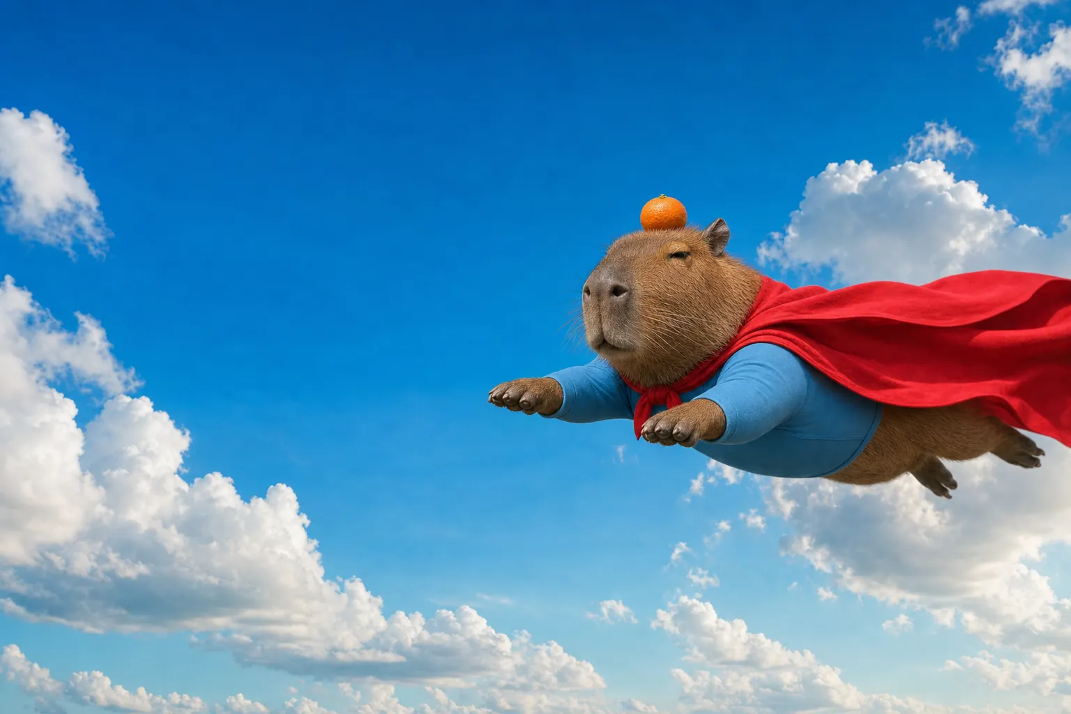 Super Capy flying slowly across a blue sky, red cape trailing, orange on his head.