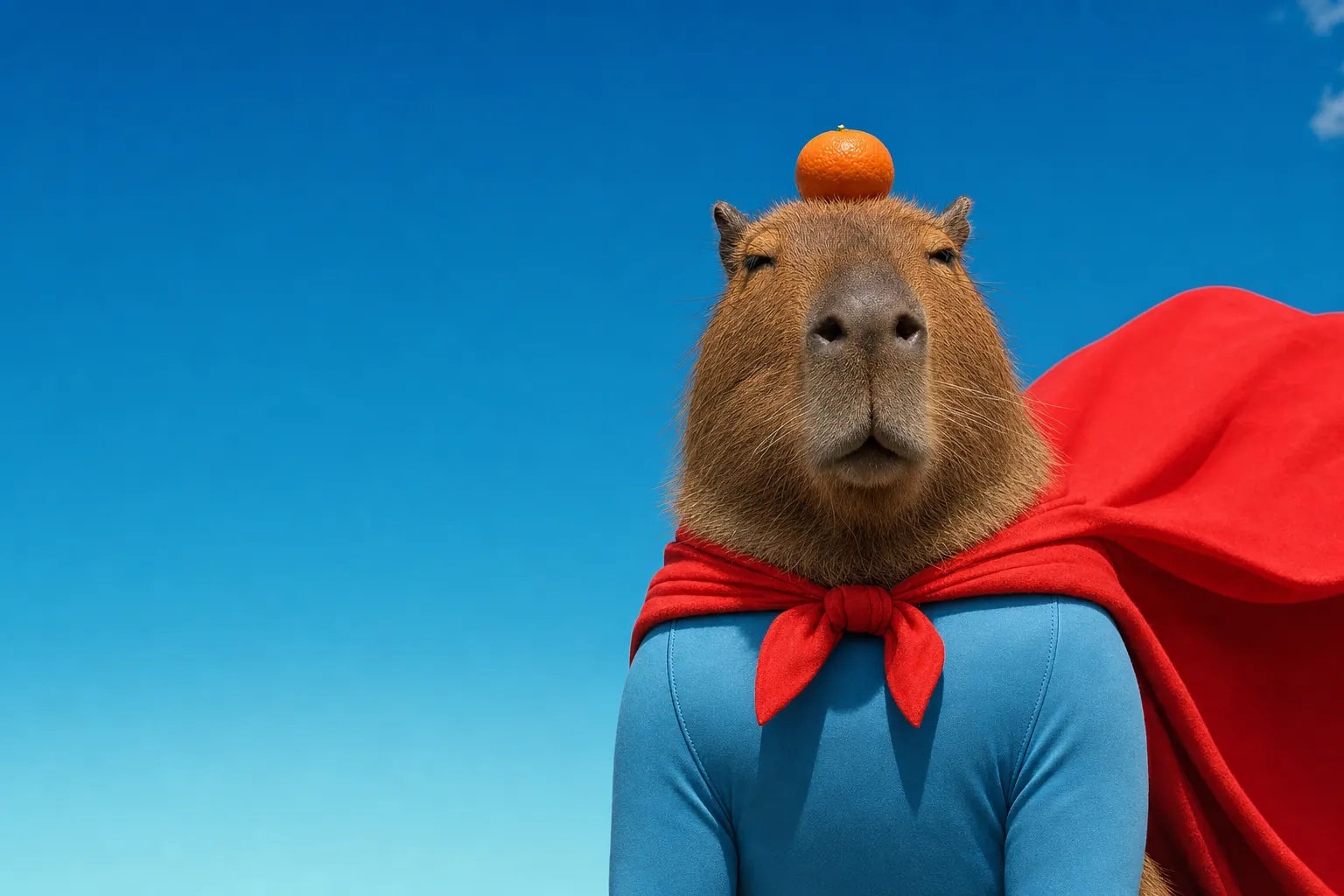 Super Capy in his red cape and blue suit, an orange on his head, under a deep blue sky.