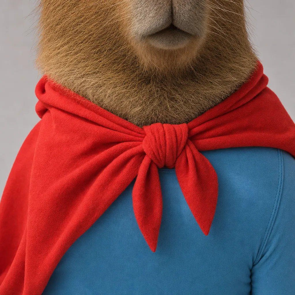 Close-up of the red cape tied at his neck.