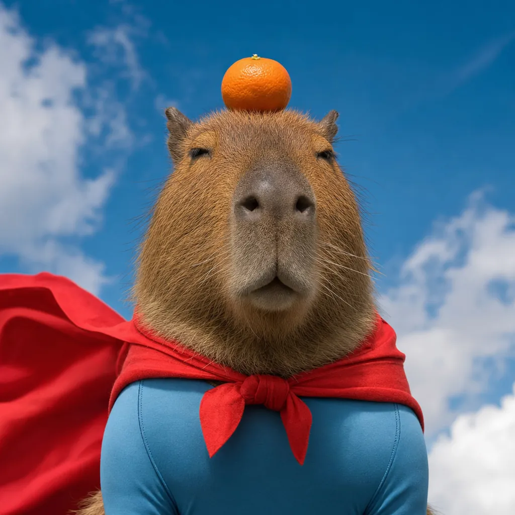 Super Capy in his red cape and blue suit, an orange on his head, under a blue sky.