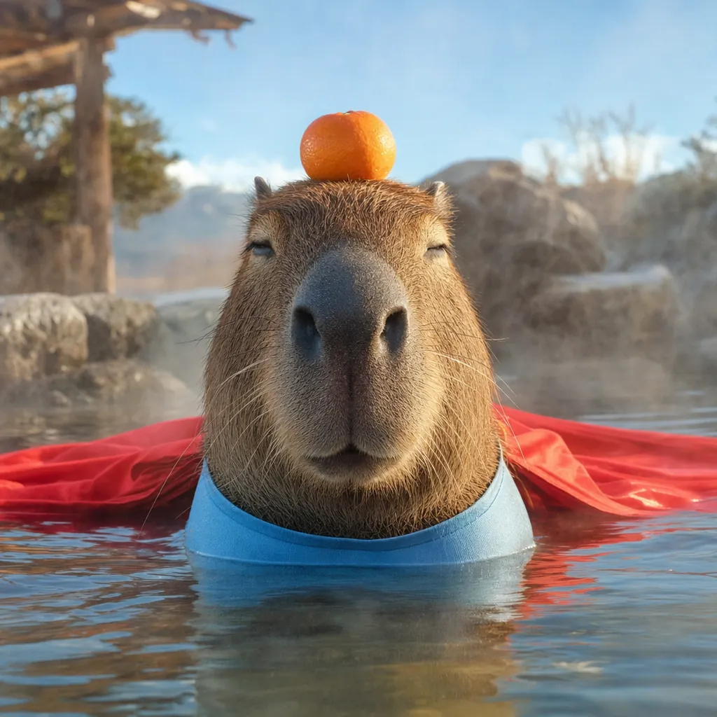 Super Capy relaxing in a steaming hot spring, cape floating, orange on his head.