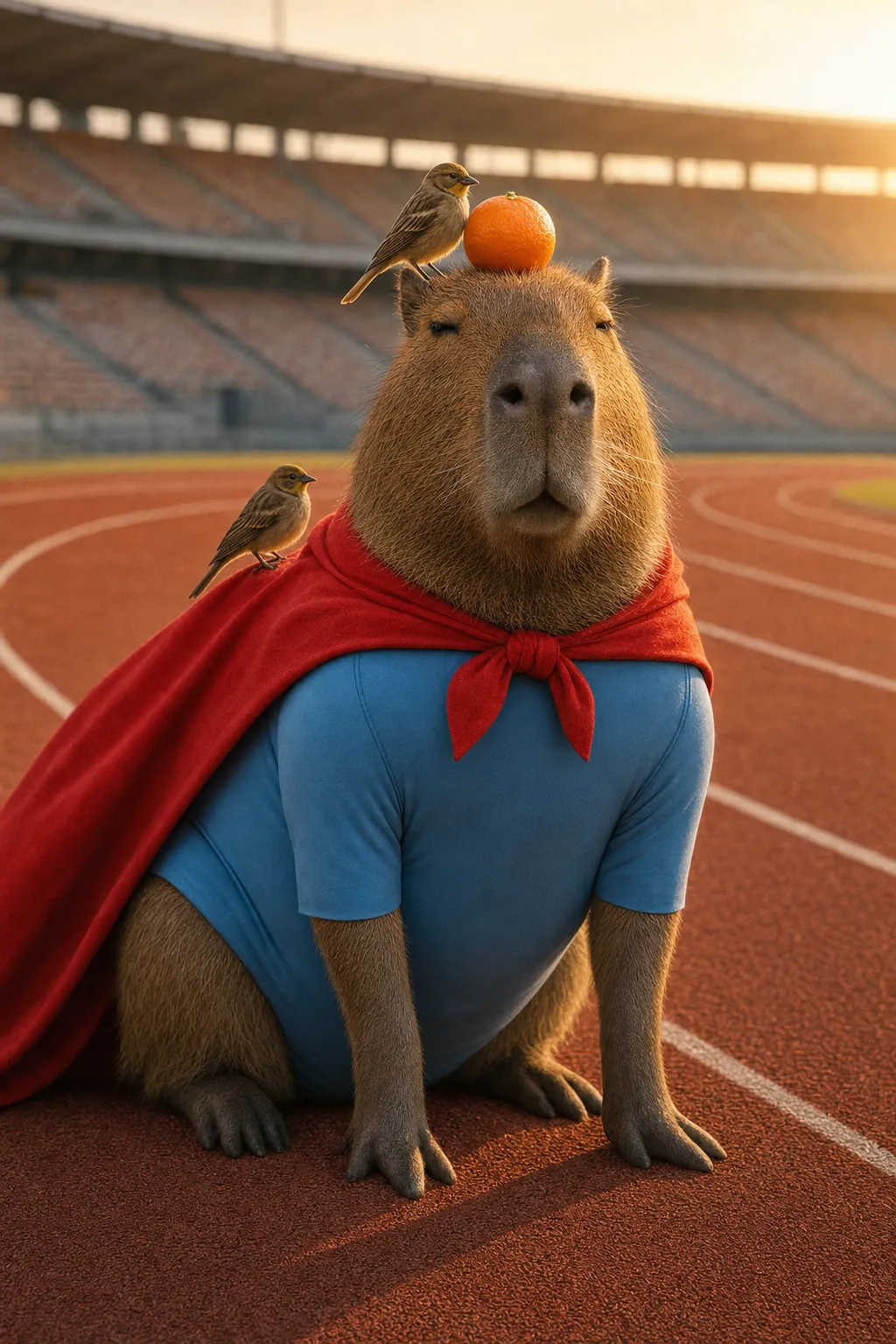 Super Capy sitting on a running track while small birds sit on him.